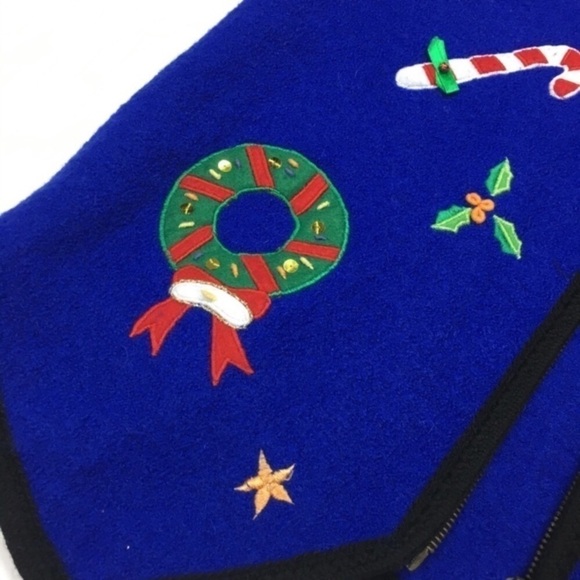 VINTAGE Christmas Vest 100% Boiled Wool Embroidered Zip Candy Canes Size Medium - Picture 6 of 9